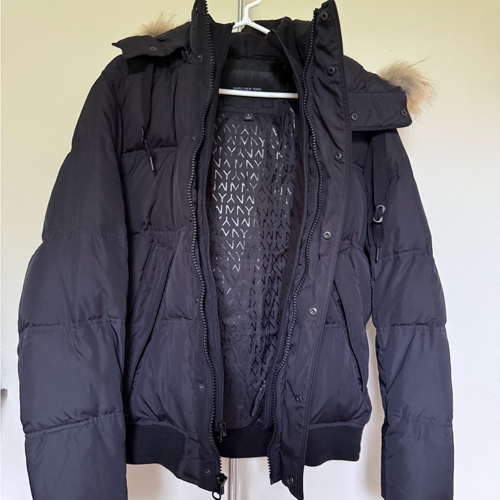 Black Puffer Jacket with Fur Trim